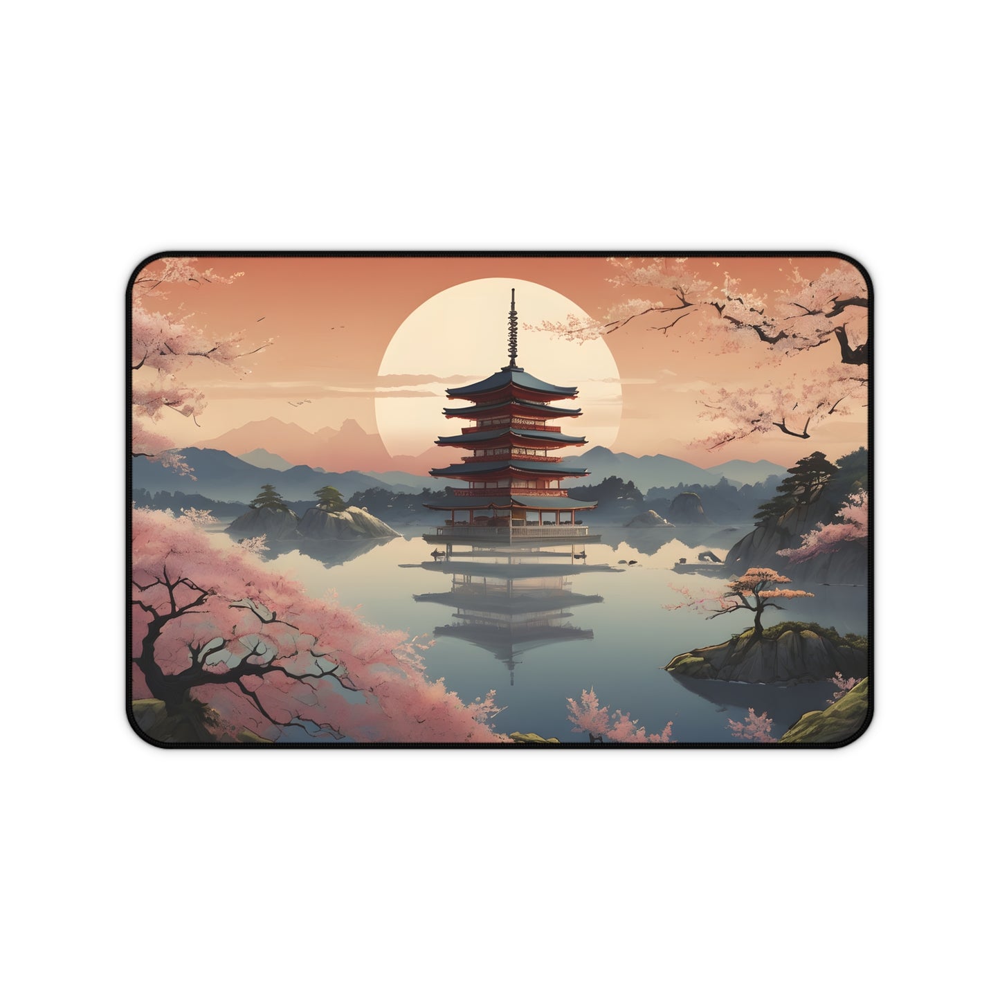 Serene Pagoda Sunset Desk Mat/Japanese Landscape Mouse Pad/Asian Art Mouse Pad/Anti-Slip Mouse Pad/Gaming Mouse Pad