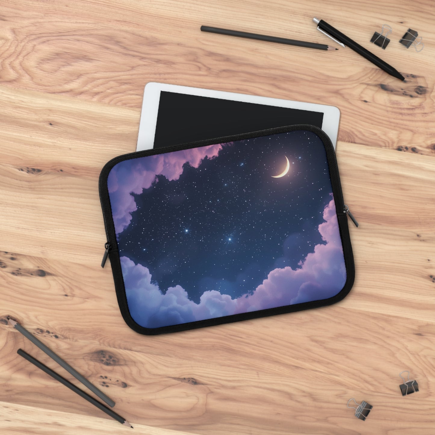 Dreamy Starry Night Laptop Sleeve - Crescent Moon with Purple Clouds Celestial Design Protective Case for any Laptop or Tablet