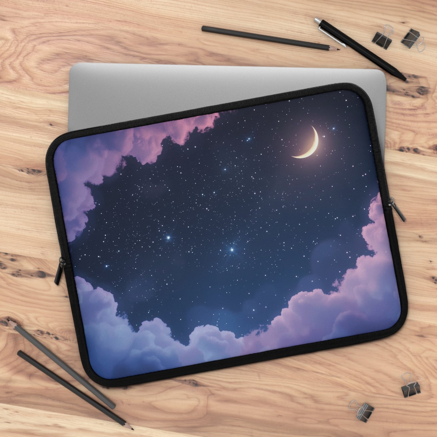 Dreamy Starry Night Laptop Sleeve - Crescent Moon with Purple Clouds Celestial Design Protective Case for any Laptop or Tablet