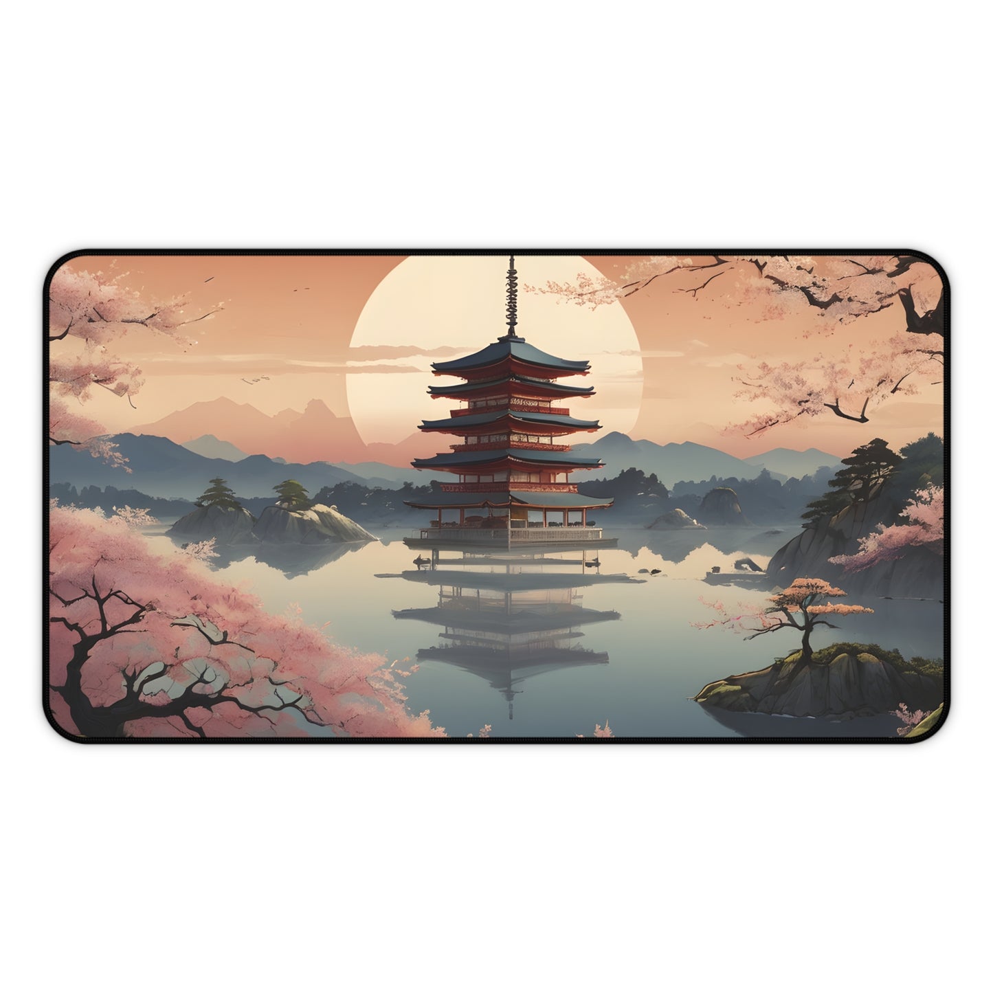 Serene Pagoda Sunset Desk Mat/Japanese Landscape Mouse Pad/Asian Art Mouse Pad/Anti-Slip Mouse Pad/Gaming Mouse Pad