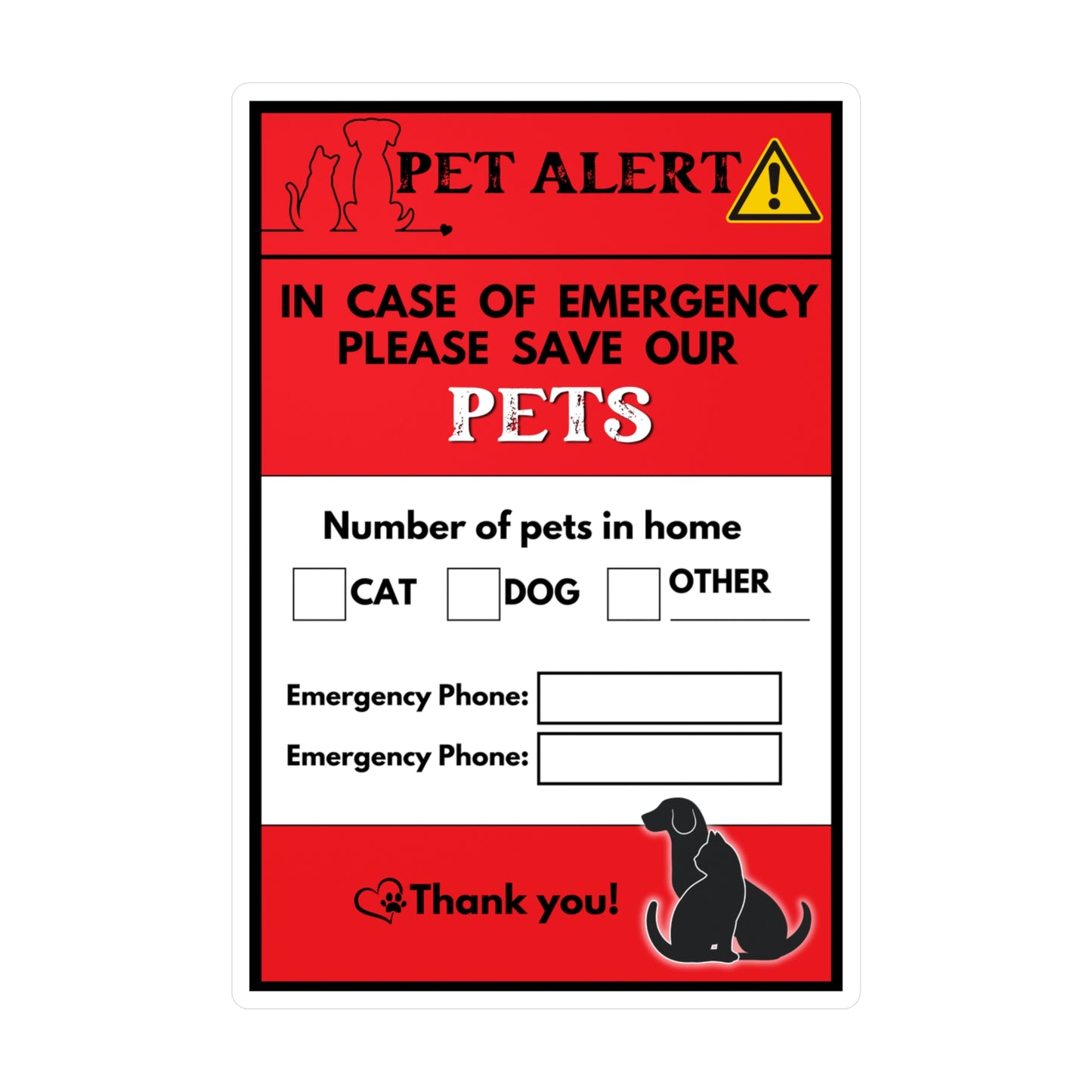 Pet Alert! Emergency Sticker for Home - Cat, Dog, Other - Wildfire Preparedness, Natural Disaster Safety