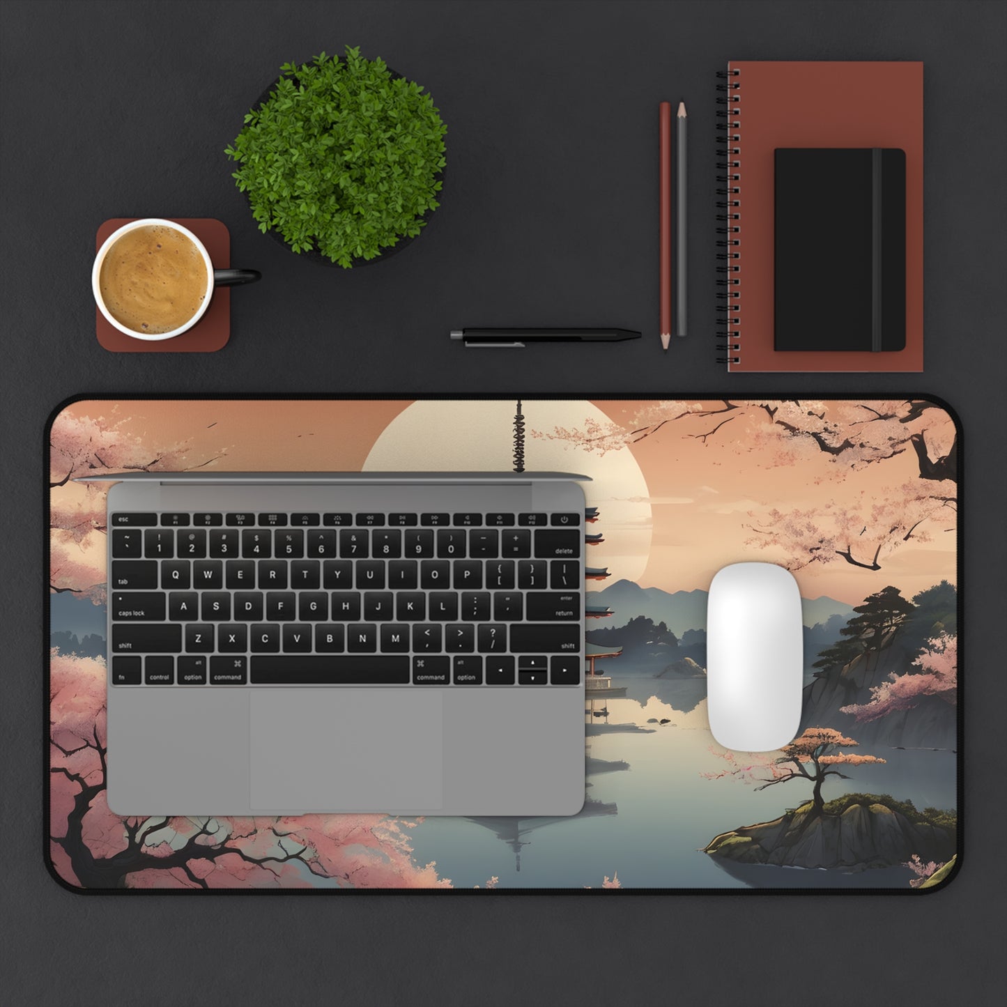 Serene Pagoda Sunset Desk Mat/Japanese Landscape Mouse Pad/Asian Art Mouse Pad/Anti-Slip Mouse Pad/Gaming Mouse Pad