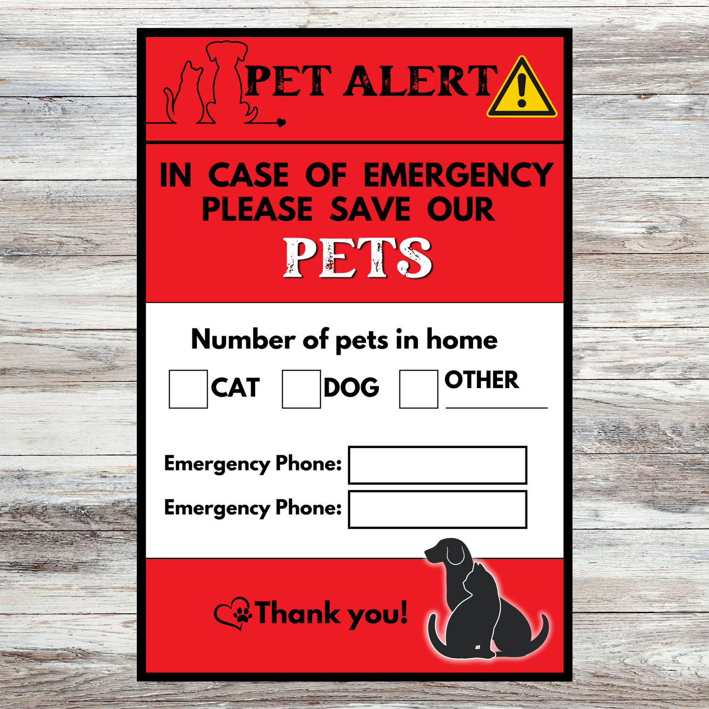 Pet Alert! Emergency Sticker for Home - Cat, Dog, Other - Wildfire Preparedness, Natural Disaster Safety