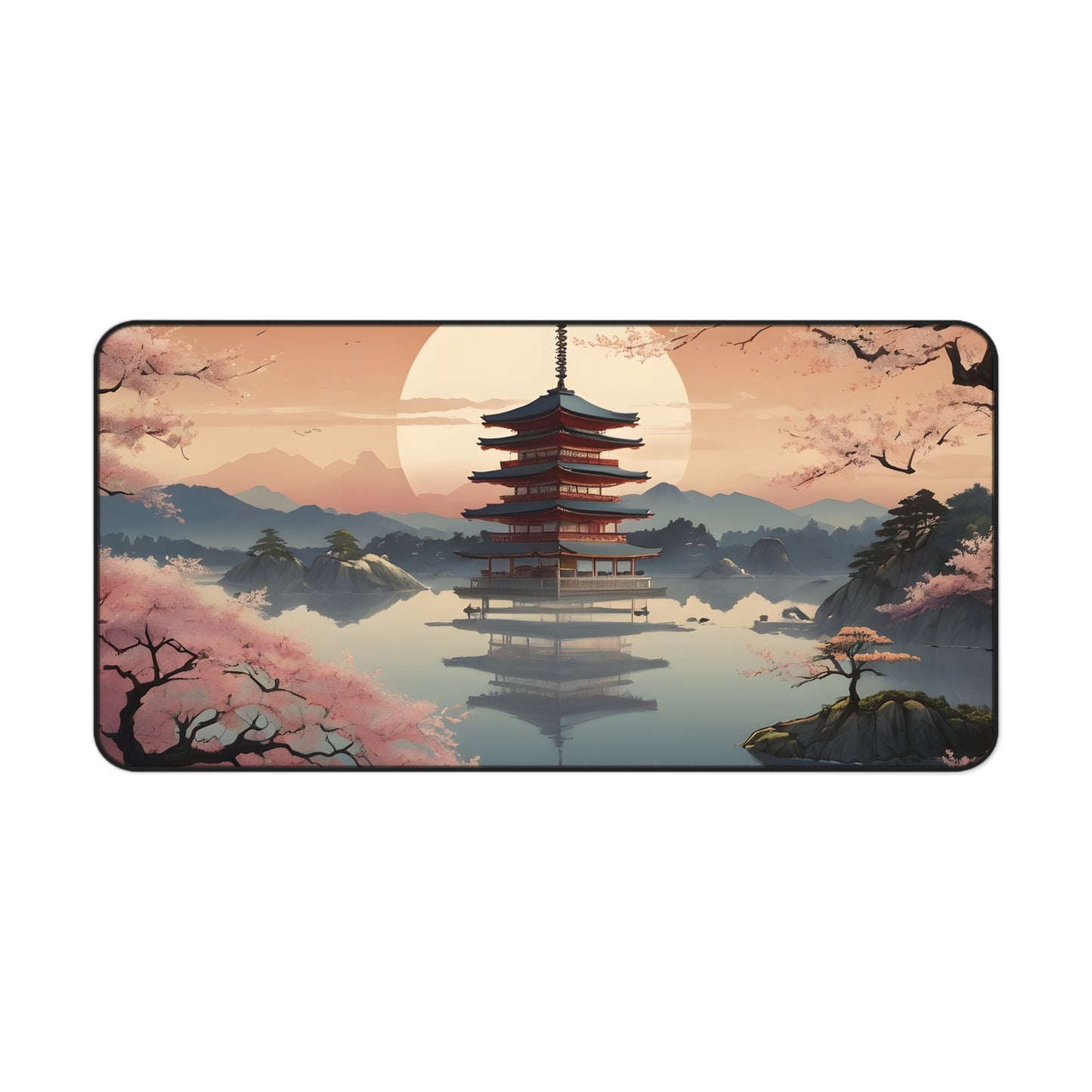 Serene Pagoda Sunset Desk Mat/Japanese Landscape Mouse Pad/Asian Art Mouse Pad/Anti-Slip Mouse Pad/Gaming Mouse Pad