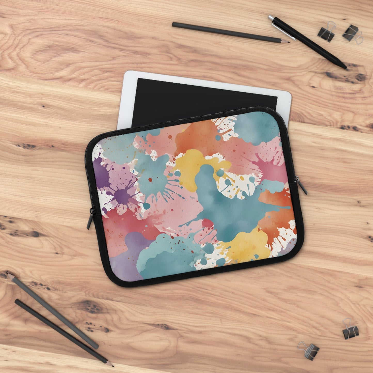 Pastel Watercolor Splatter Laptop Sleeve - Abstract Paint Blots Pattern Protective Case / Colorful Artistic Design Cover, Vibrant Splash Art Accessory, Aesthetic Pastel Print Pouch, Creative Watercolor Blot Sleeve