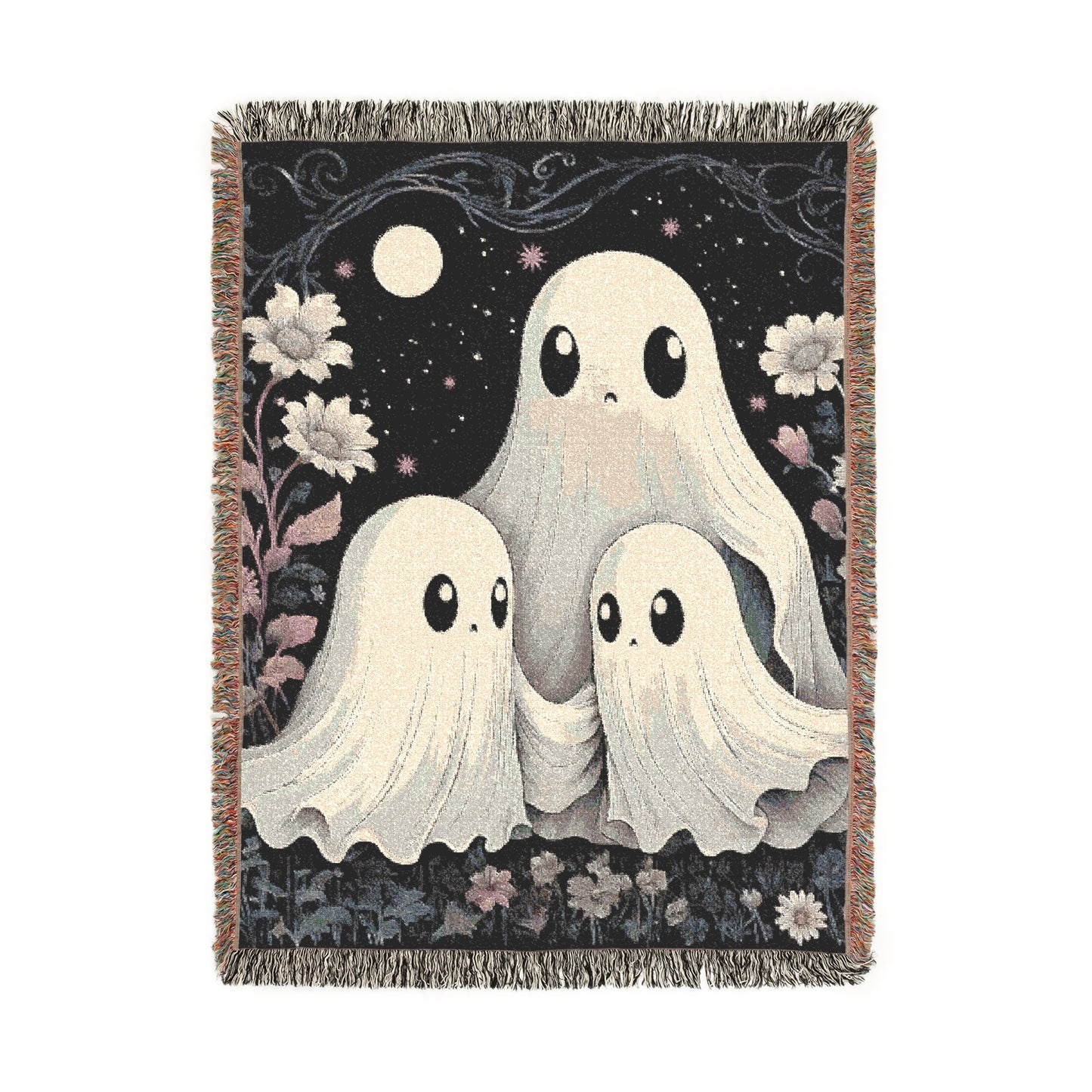 Cute Ghost Throw Blanket - Whimsical Halloween Ghosts Floral Moon Design, Cozy Gothic Cute Blanket for Home Decor, Spooky Kawaii Gift