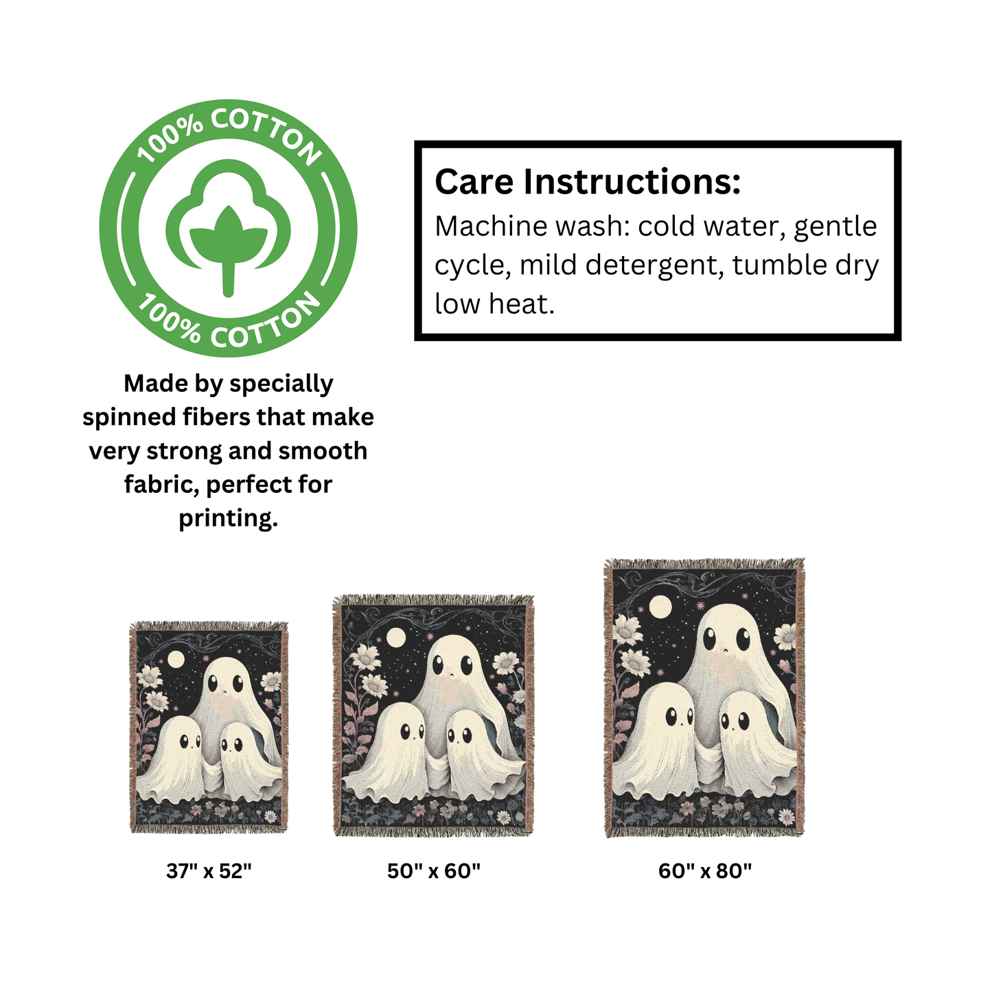 Cute Ghost Throw Blanket - Whimsical Halloween Ghosts Floral Moon Design, Cozy Gothic Cute Blanket for Home Decor, Spooky Kawaii Gift