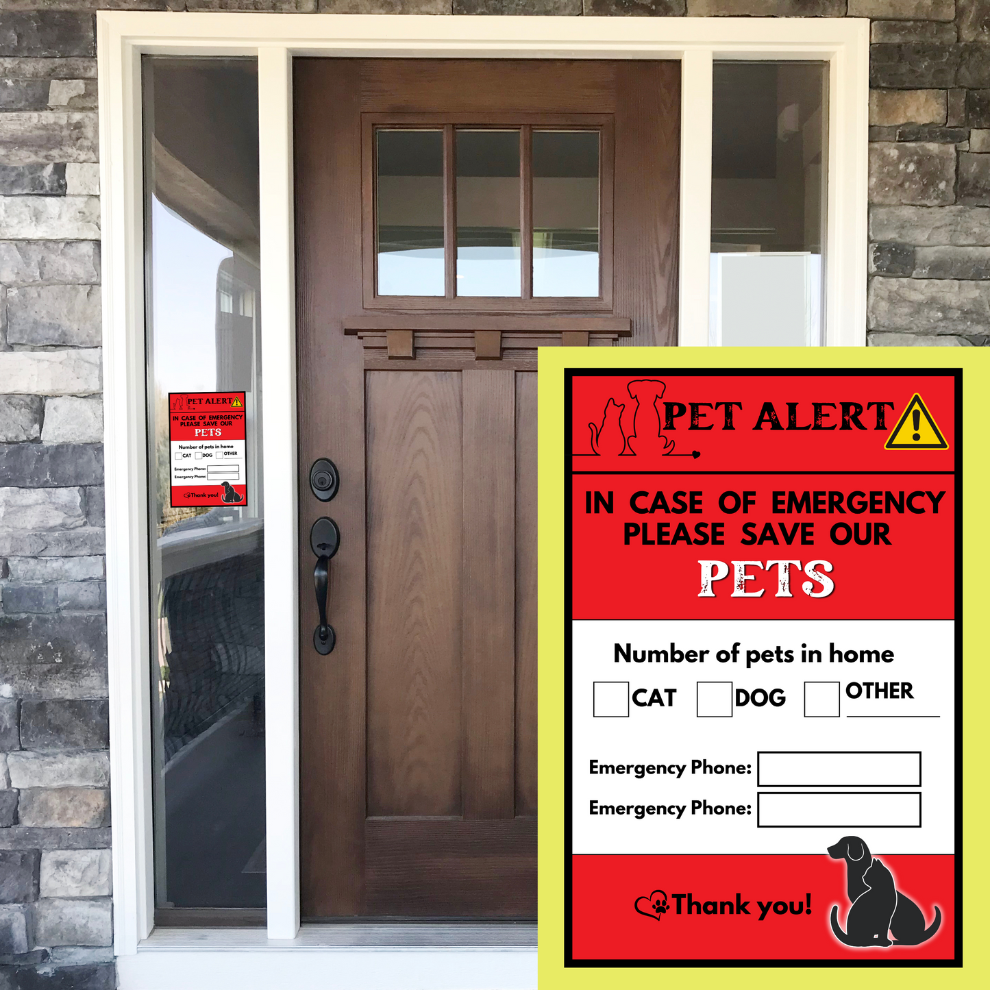 Pet Alert! Emergency Sticker for Home - Cat, Dog, Other - Wildfire Preparedness, Natural Disaster Safety