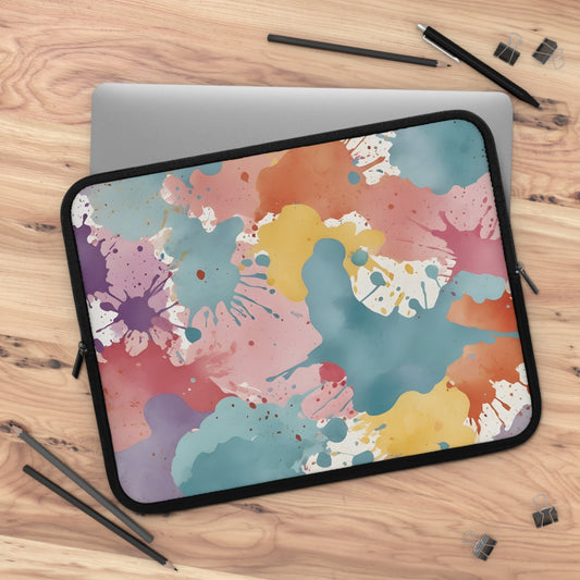 Pastel Watercolor Splatter Laptop Sleeve - Abstract Paint Blots Pattern Protective Case / Colorful Artistic Design Cover, Vibrant Splash Art Accessory, Aesthetic Pastel Print Pouch, Creative Watercolor Blot Sleeve