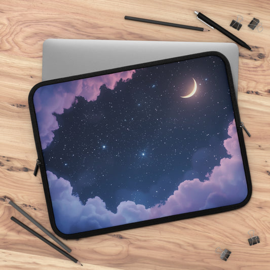 Dreamy Starry Night Laptop Sleeve - Crescent Moon with Purple Clouds Celestial Design Protective Case for any Laptop or Tablet