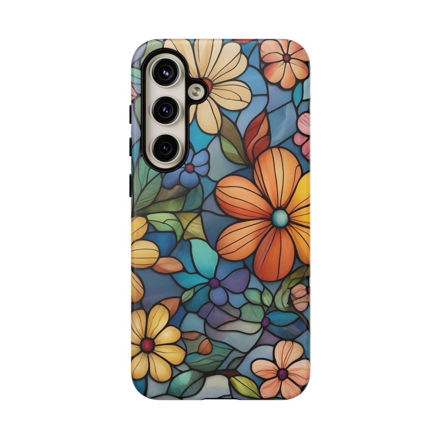 Floral Tough Phone Case - Colorful Stained Glass Design, Gift for Her, Samsung Compatible, Flower Art, Birthday Present, Stylish Protection