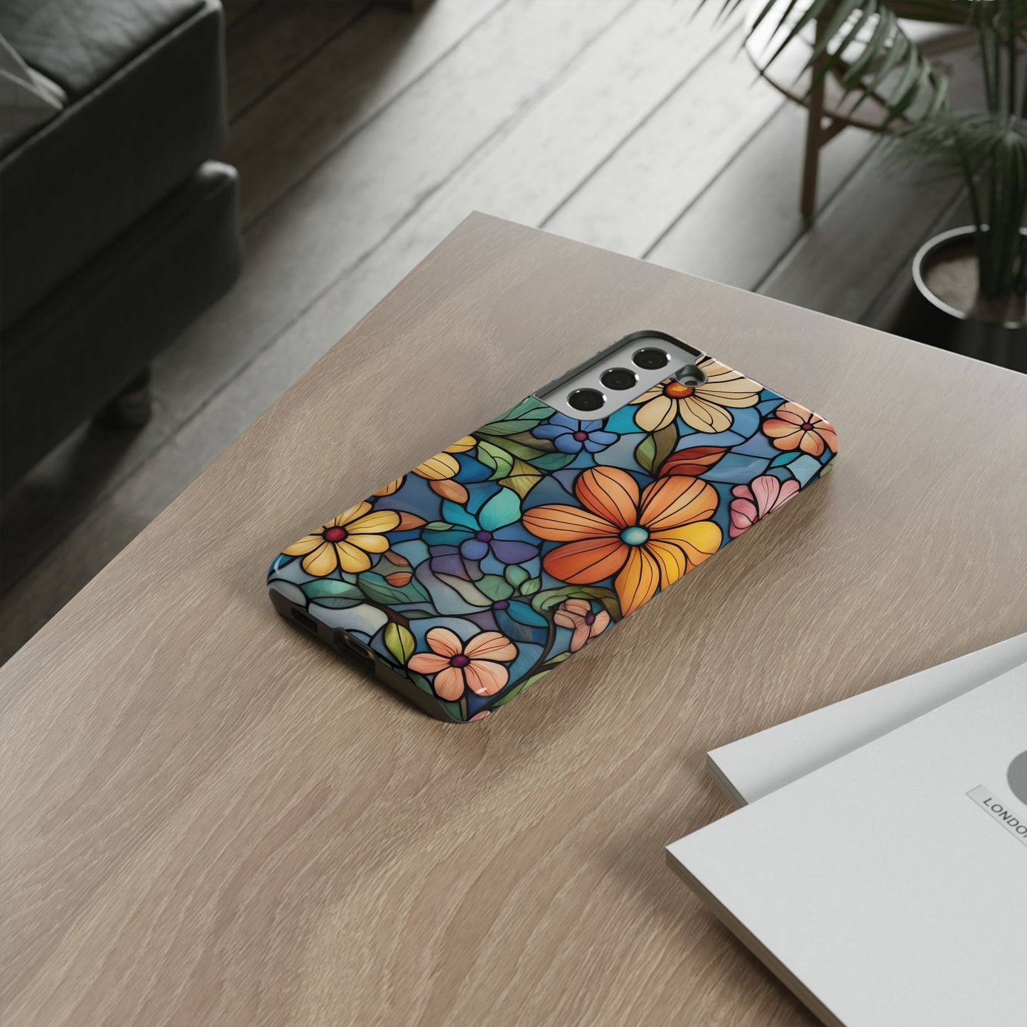 Floral Tough Phone Case - Colorful Stained Glass Design, Gift for Her, Samsung Compatible, Flower Art, Birthday Present, Stylish Protection