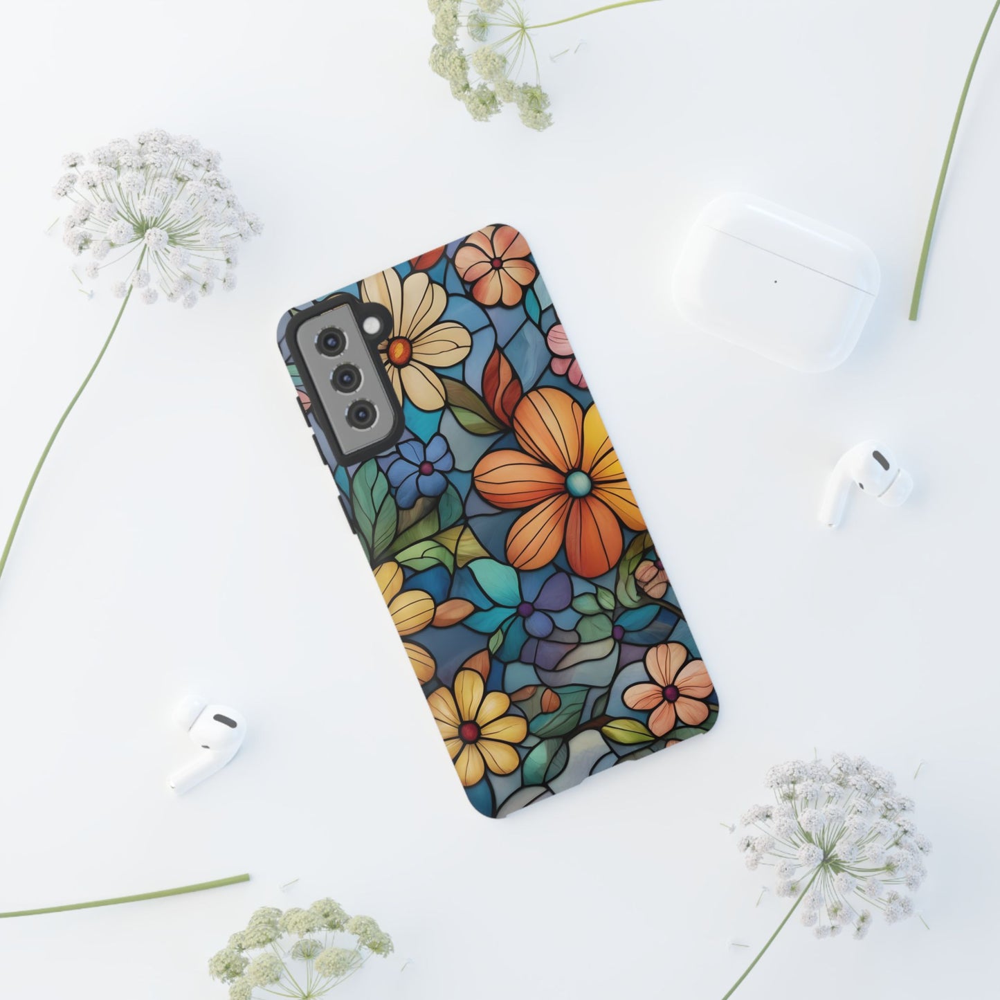 Floral Tough Phone Case - Colorful Stained Glass Design, Gift for Her, Samsung Compatible, Flower Art, Birthday Present, Stylish Protection