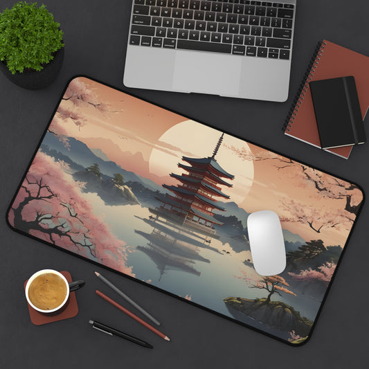 Serene Pagoda Sunset Desk Mat/Japanese Landscape Mouse Pad/Asian Art Mouse Pad/Anti-Slip Mouse Pad/Gaming Mouse Pad