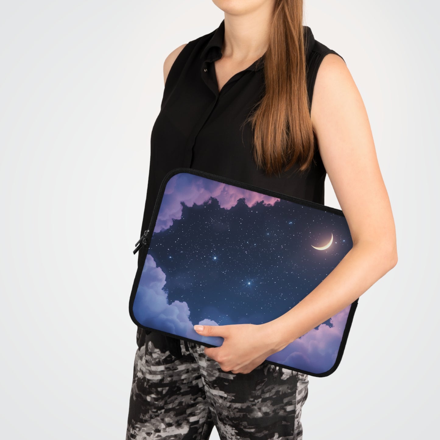 Dreamy Starry Night Laptop Sleeve - Crescent Moon with Purple Clouds Celestial Design Protective Case for any Laptop or Tablet