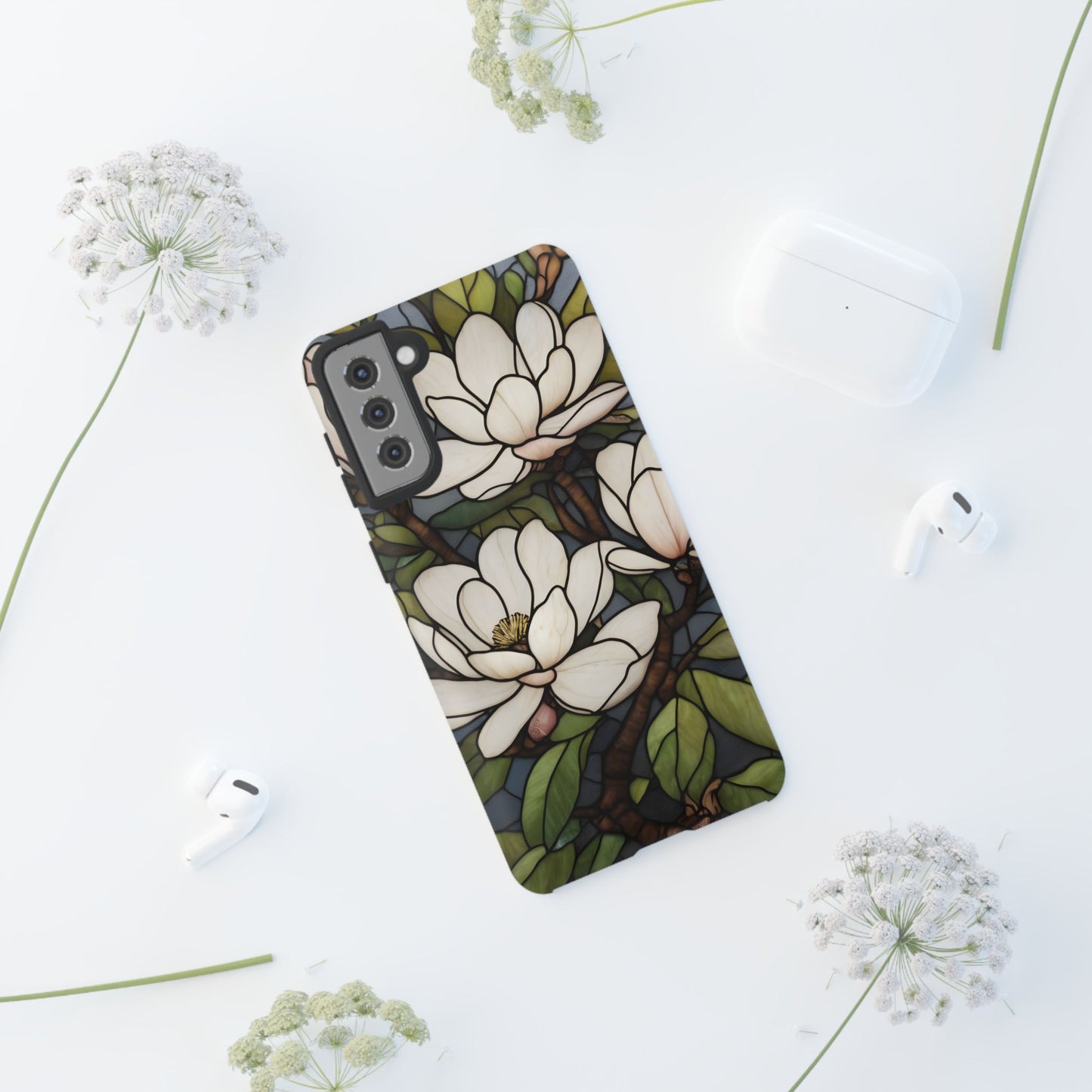 Floral Stained Glass Glossy Magnolia Phone Case / Compatible with Samsung / Gift for Her, Flower Art, Birthday Present, Stylish Protection