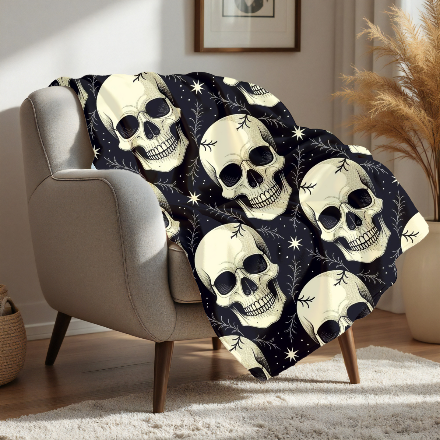 Halloween Skull Velveteen Blanket | Spooky Fall Decor, Spooky Skull Star Pattern Throw, Perfect for Kids & Adults, Gift, Plush Blanket