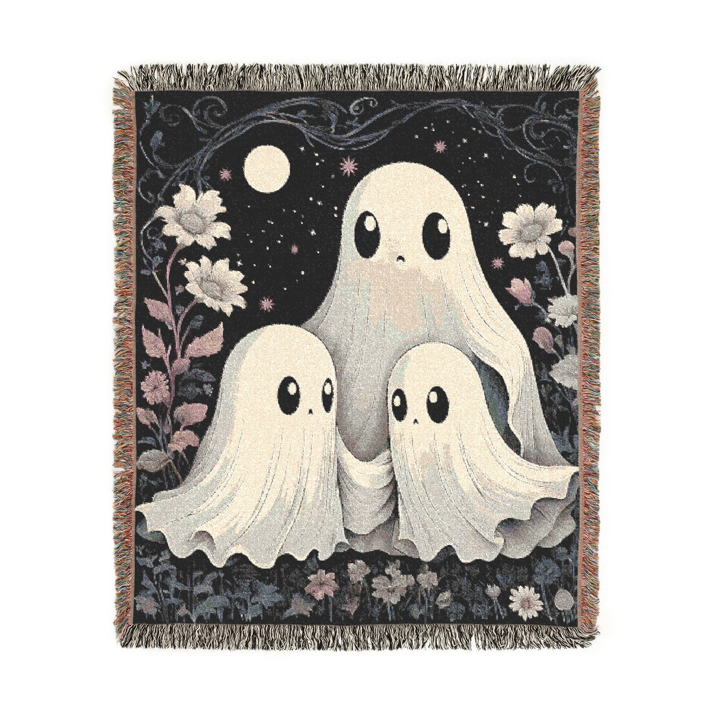Cute Ghost Throw Blanket - Whimsical Halloween Ghosts Floral Moon Design, Cozy Gothic Cute Blanket for Home Decor, Spooky Kawaii Gift