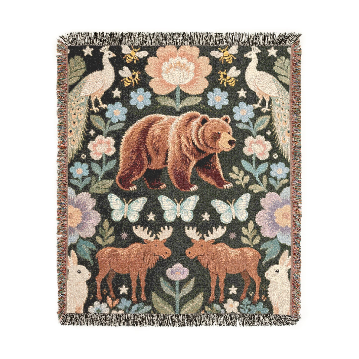 Enchanted Forest Bear Art Print | Whimsical Woodland Folk Art Peacock Moose Rabbit Floral Design | Nature Inspired Cozy Home Decor Pattern