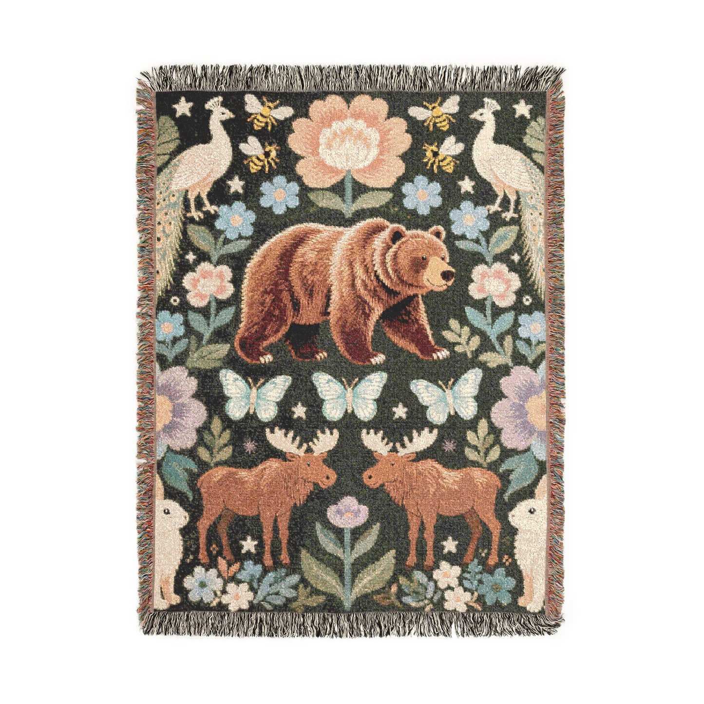 Enchanted Forest Bear Art Print | Whimsical Woodland Folk Art Peacock Moose Rabbit Floral Design | Nature Inspired Cozy Home Decor Pattern