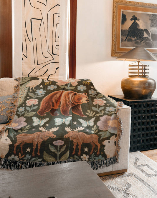 Enchanted Forest Bear Art Print | Whimsical Woodland Folk Art Peacock Moose Rabbit Floral Design | Nature Inspired Cozy Home Decor Pattern