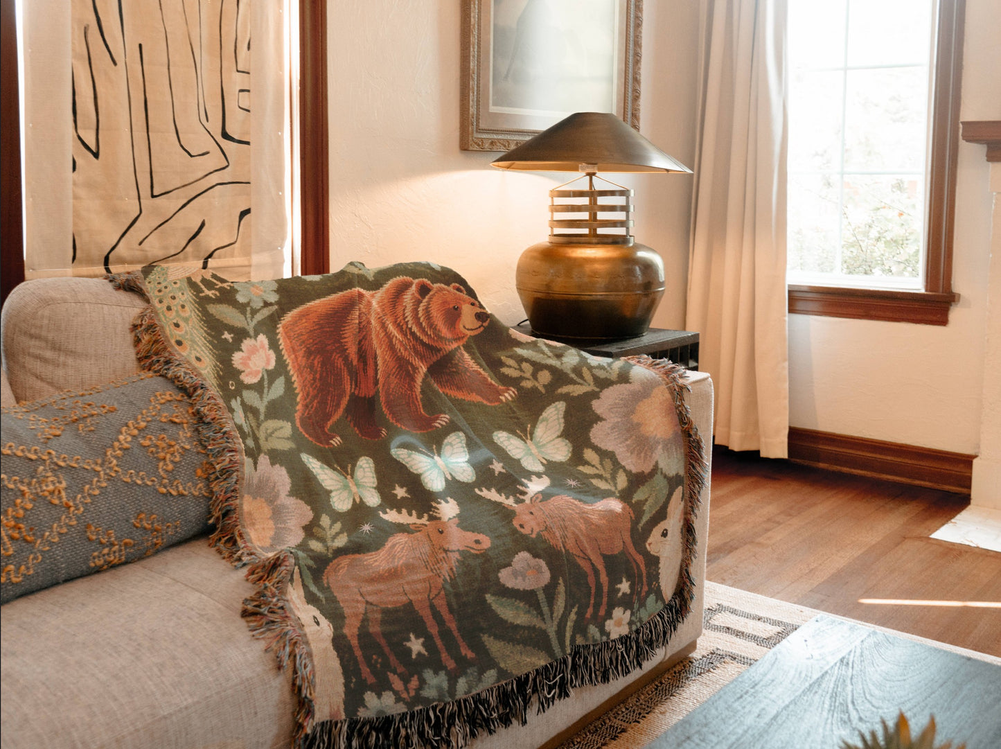 Enchanted Forest Bear Art Print | Whimsical Woodland Folk Art Peacock Moose Rabbit Floral Design | Nature Inspired Cozy Home Decor Pattern