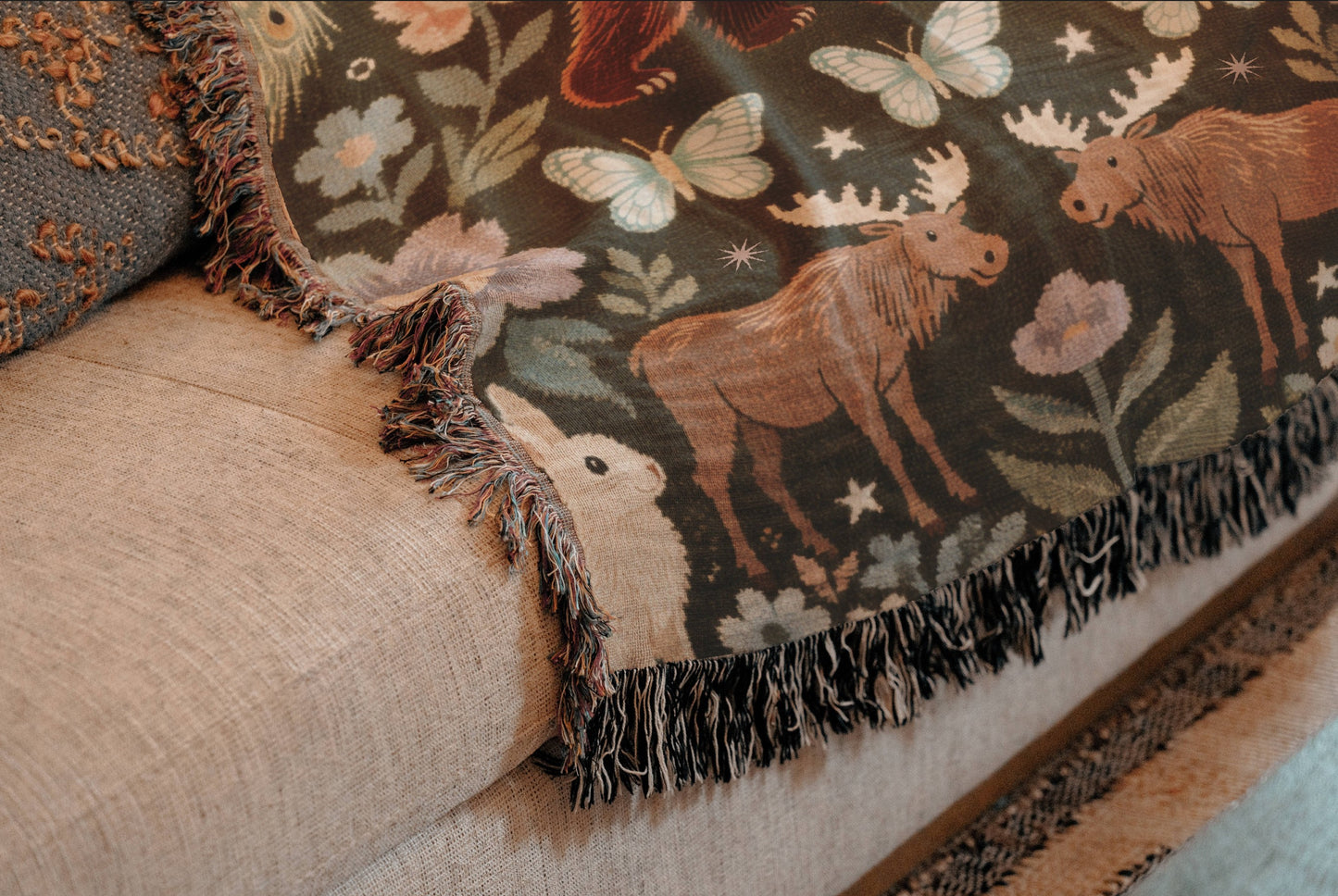 Enchanted Forest Bear Art Print | Whimsical Woodland Folk Art Peacock Moose Rabbit Floral Design | Nature Inspired Cozy Home Decor Pattern