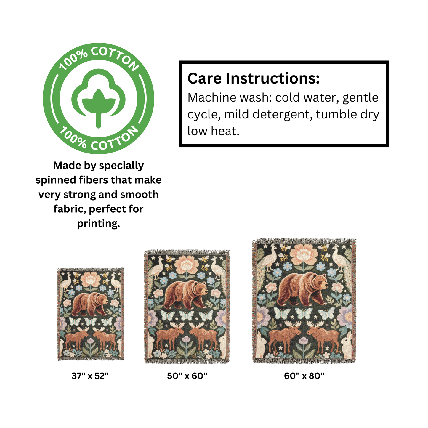 Enchanted Forest Bear Art Print | Whimsical Woodland Folk Art Peacock Moose Rabbit Floral Design | Nature Inspired Cozy Home Decor Pattern